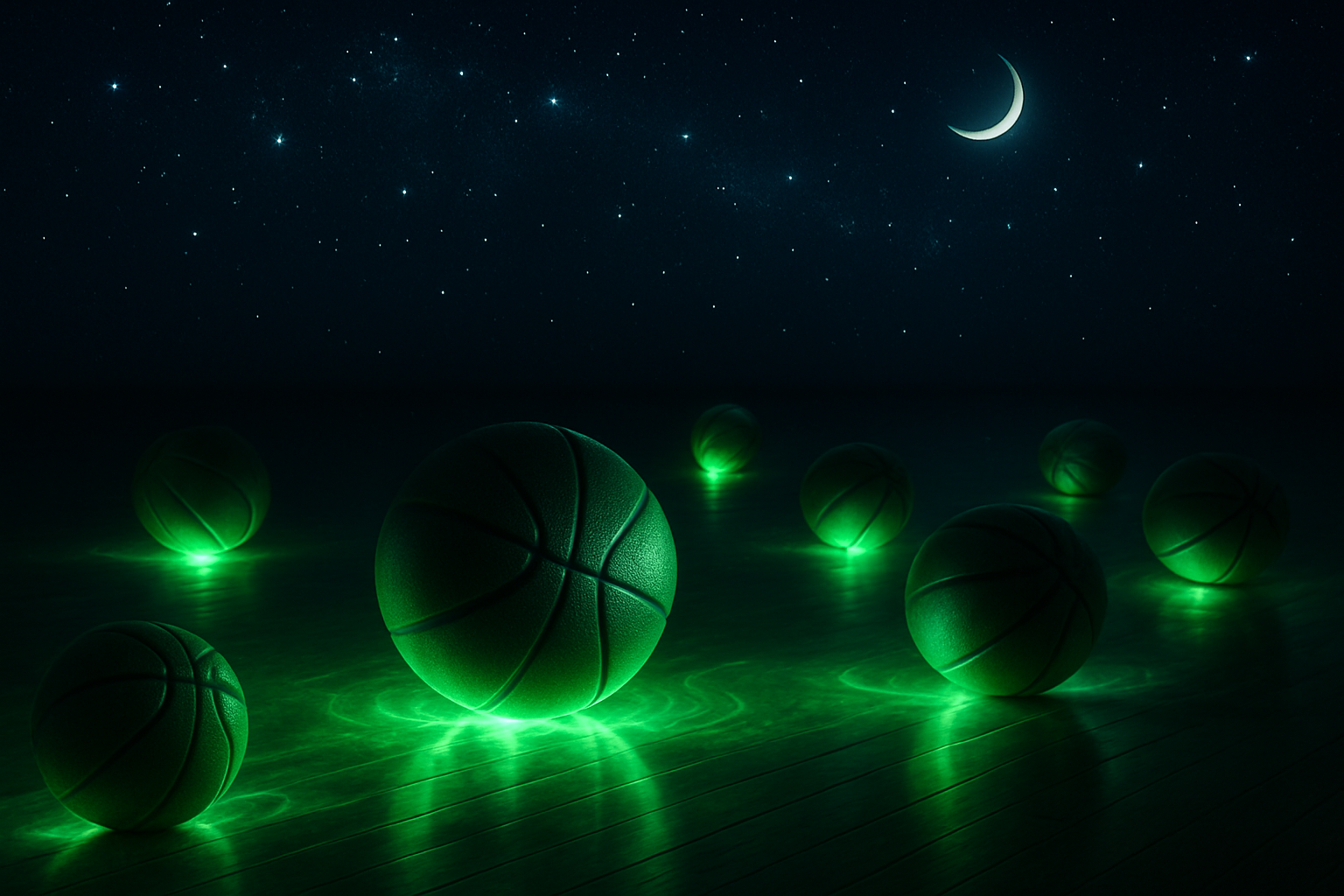 glowingi the dark green basketballs onnthe floor of anight  sky