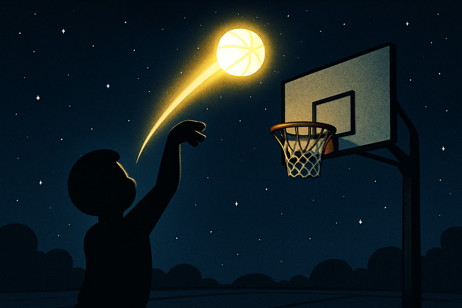 make  a cartoony guy in the night timeshooting a basketball and the basketball  looks like a shooting star and its glowing in the dark too the hoop the rest should be night time and the character shouldnt be visible